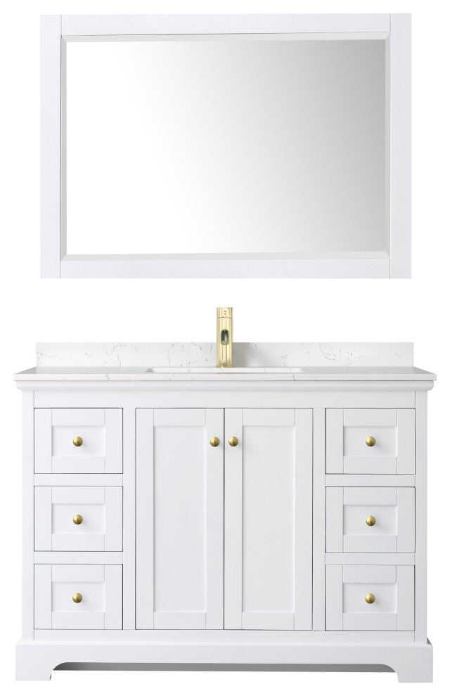 48" Single Vanity White, LV Carrara Cult. Marble Top, Sink, 46"Mirror, Gold Trim