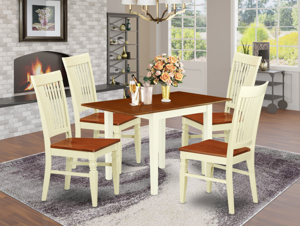 5Pc Dinette Set, Wood Table, 4 Chairs, Solid Wood Seat, Buttermilk-Cherry