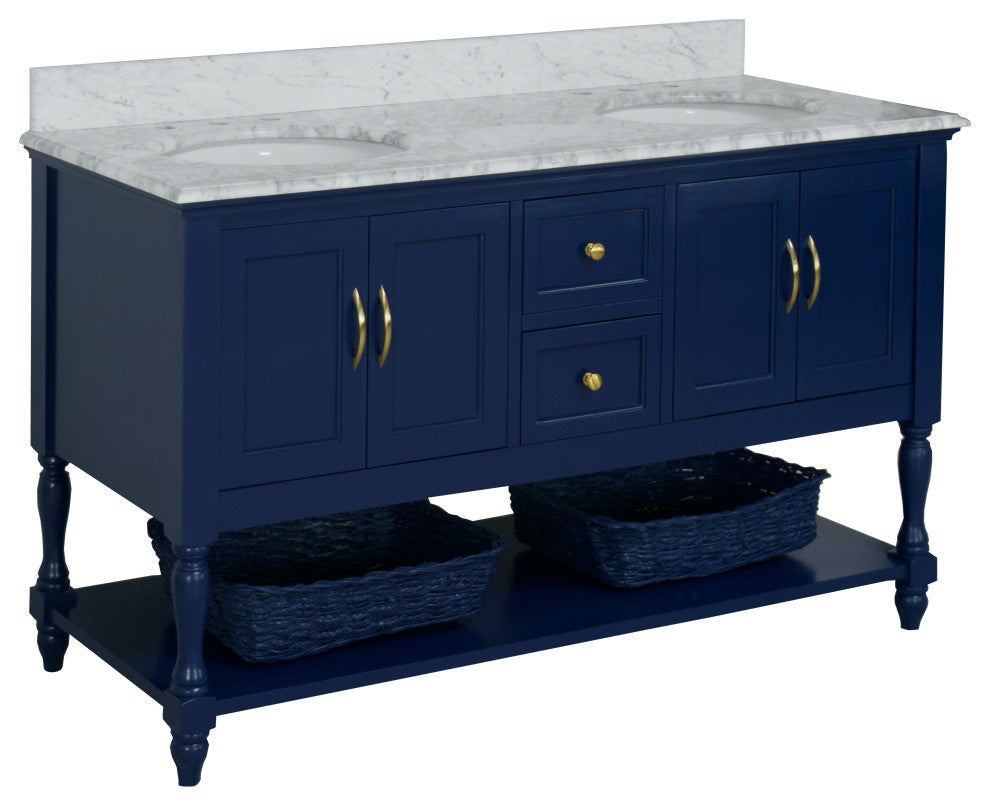 Beverly 60" Bath Vanity, Royal Blue, Carrara Marble, Double Vanity