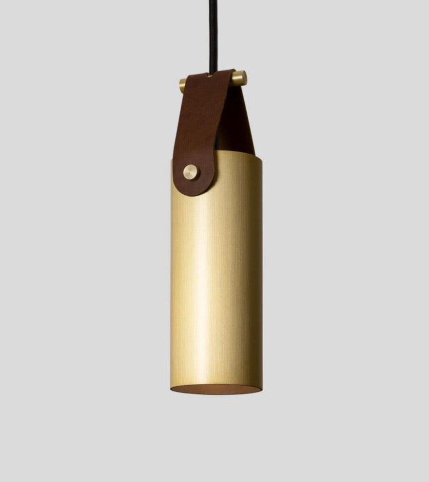 Spero Pendant, Brushed Brass, Brown Leather, Led