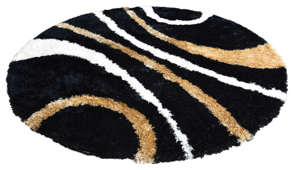 Hand Tufted Shag Polyester Area Rug Geometric Black, [Round] 6'x6'