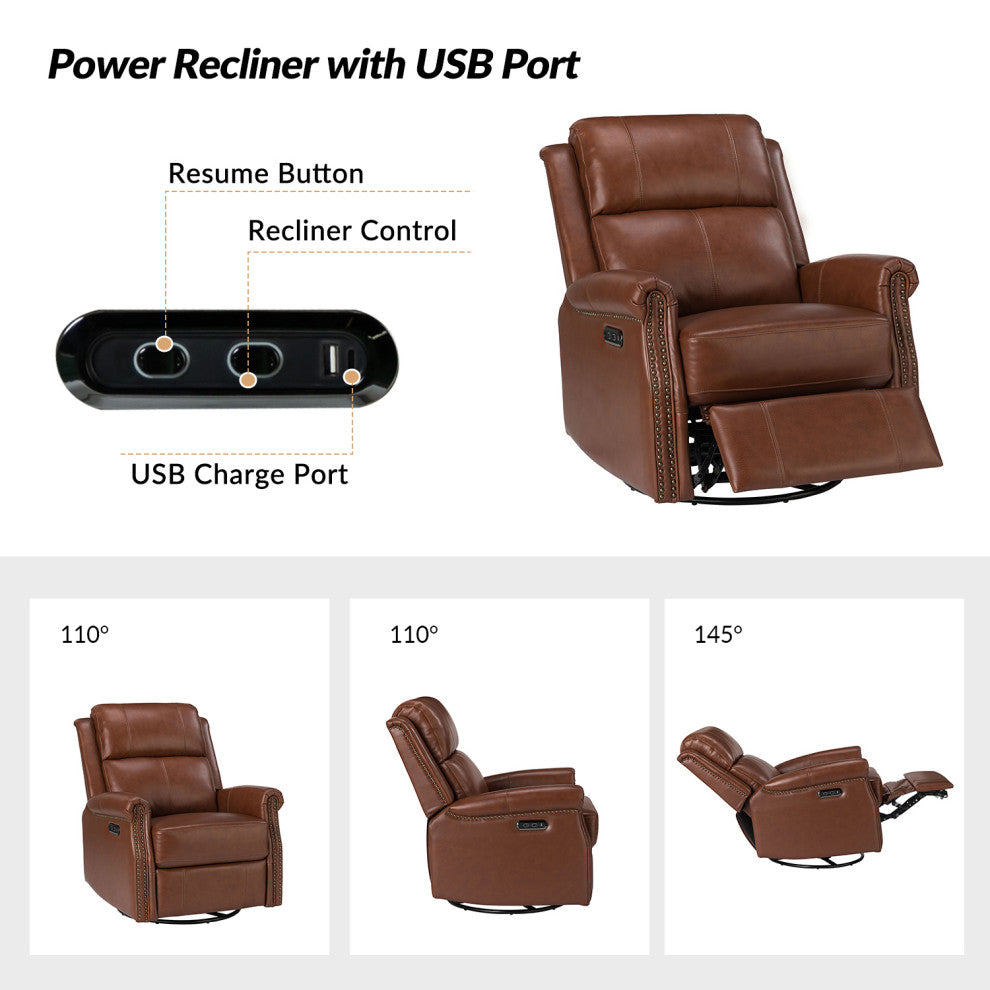 Kaietan Genuine Leather Power Rocking Recliner, Brown