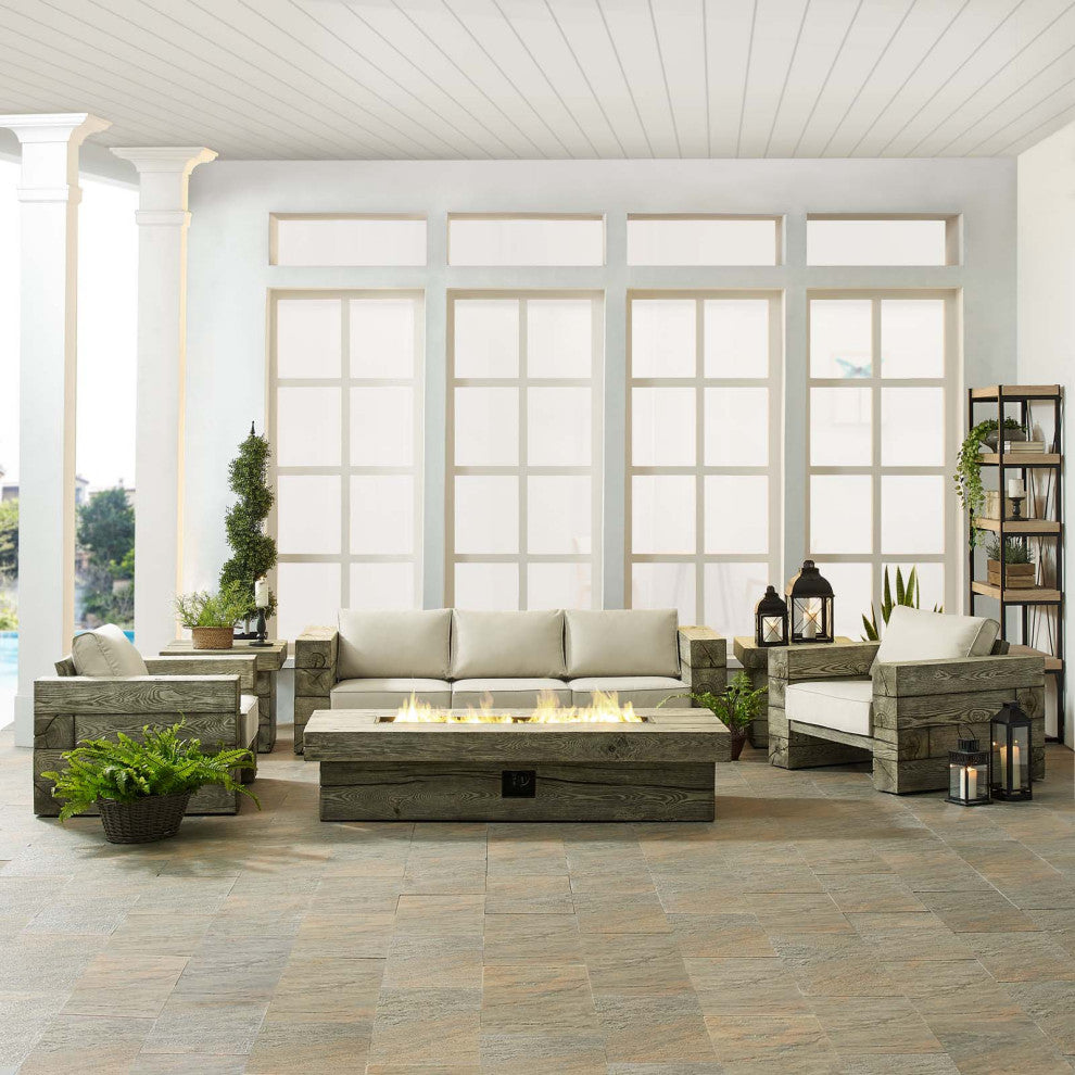 Lounge Sofa Chair Table Set, Sunbrella, Simulated Wood, Gray Beige, Outdoor