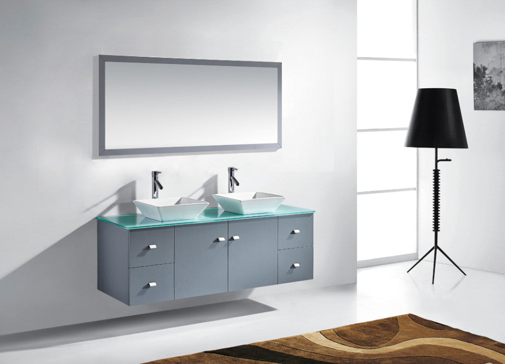 Clarissa 61" Double Bathroom Vanity Set, Gray, Aqua Tempered Glass Countertop, P