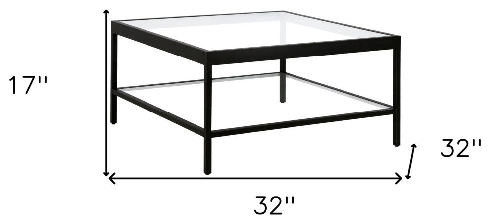 32" Clear And Black Glass And Steel Square Coffee Table With Shelf
