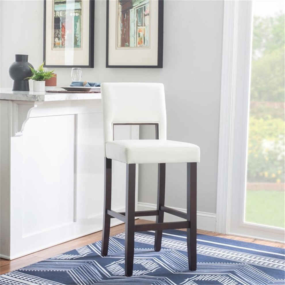 Linon Vega 30.5" White Faux Leather Upholstery Wood Bar Stool Dark Espresso