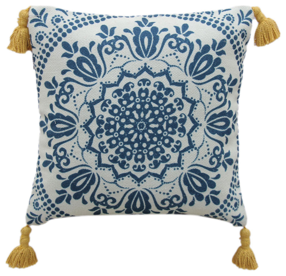 Blue & White Machine Woven with Tassels Budleigh Throw Pillow, 20" x 20"