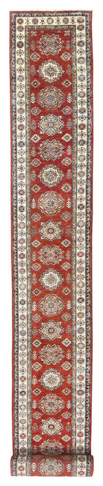 Rich Red, Afghan Super Kazak Soft Wool Hand Knotted XL Runner Rug, 2'8"x39'1"