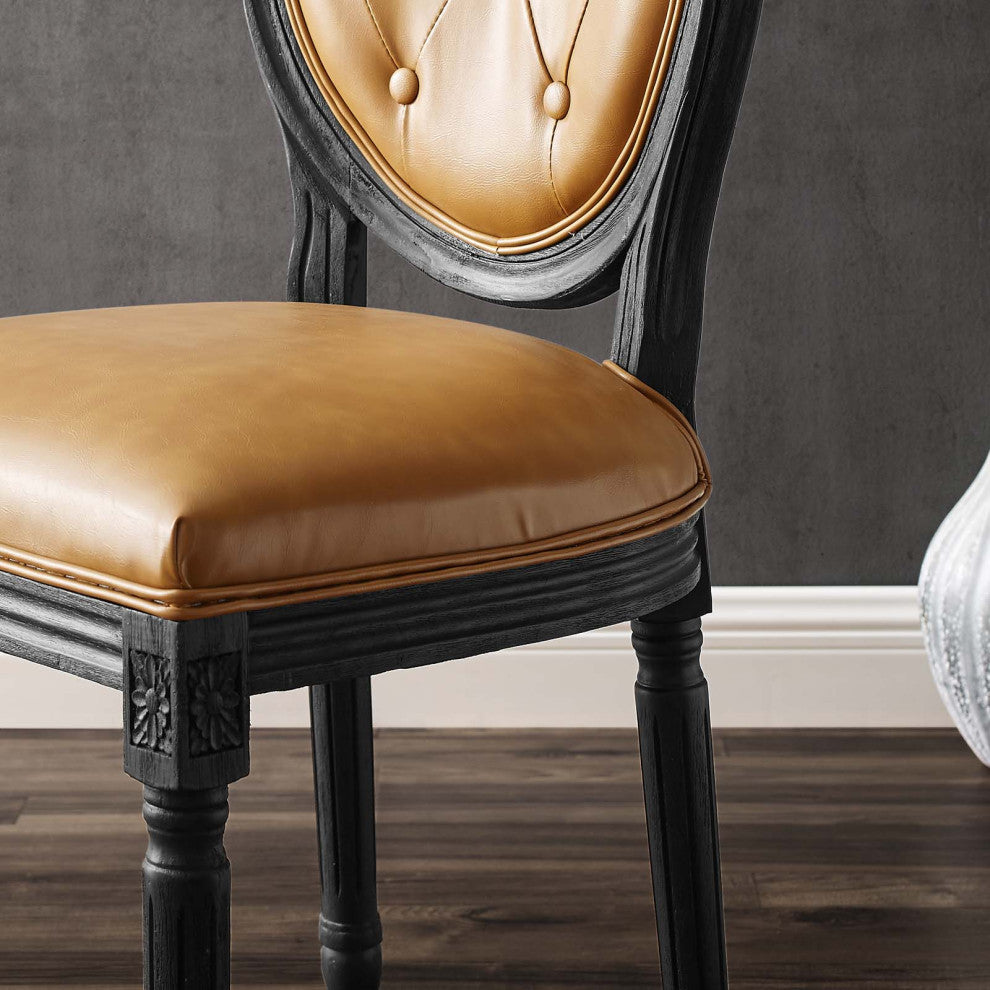French Vintage Side Dining Chair, Faux Vegan Leather, Wood, Black Tan, Modern
