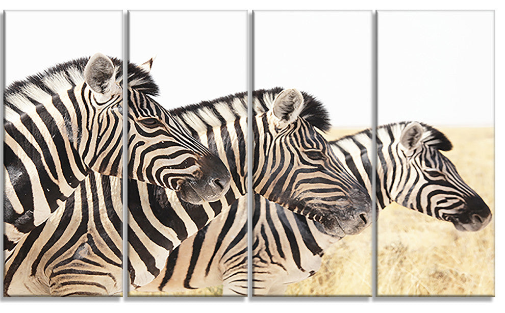 Zebras in A Row in Grassland, African Wall Art Print, 48"x28", 4 Panels