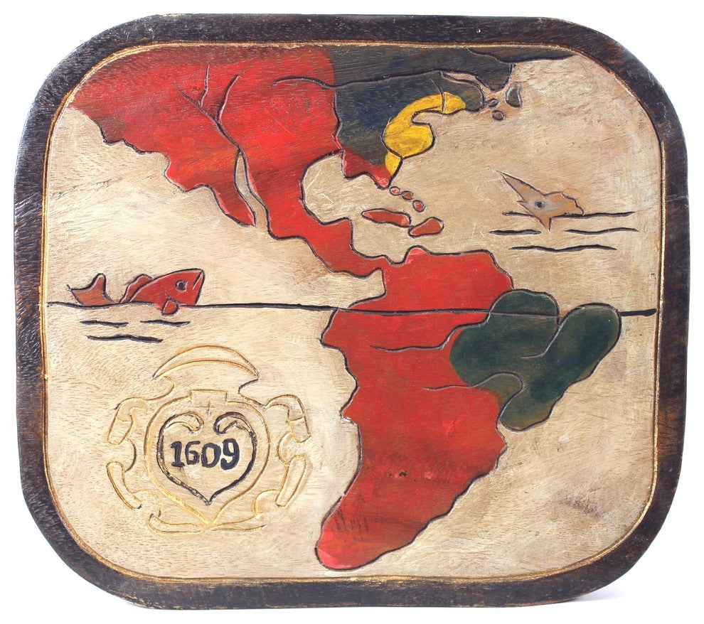 World Map Sea Chart 1609 Painted Wooden 11 Inch Step Stool