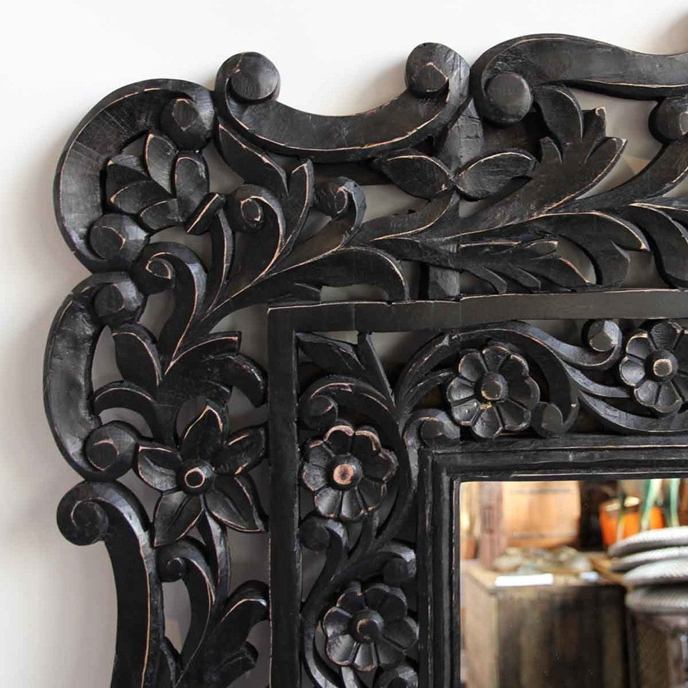 Black Floral Carved Wood Mirror