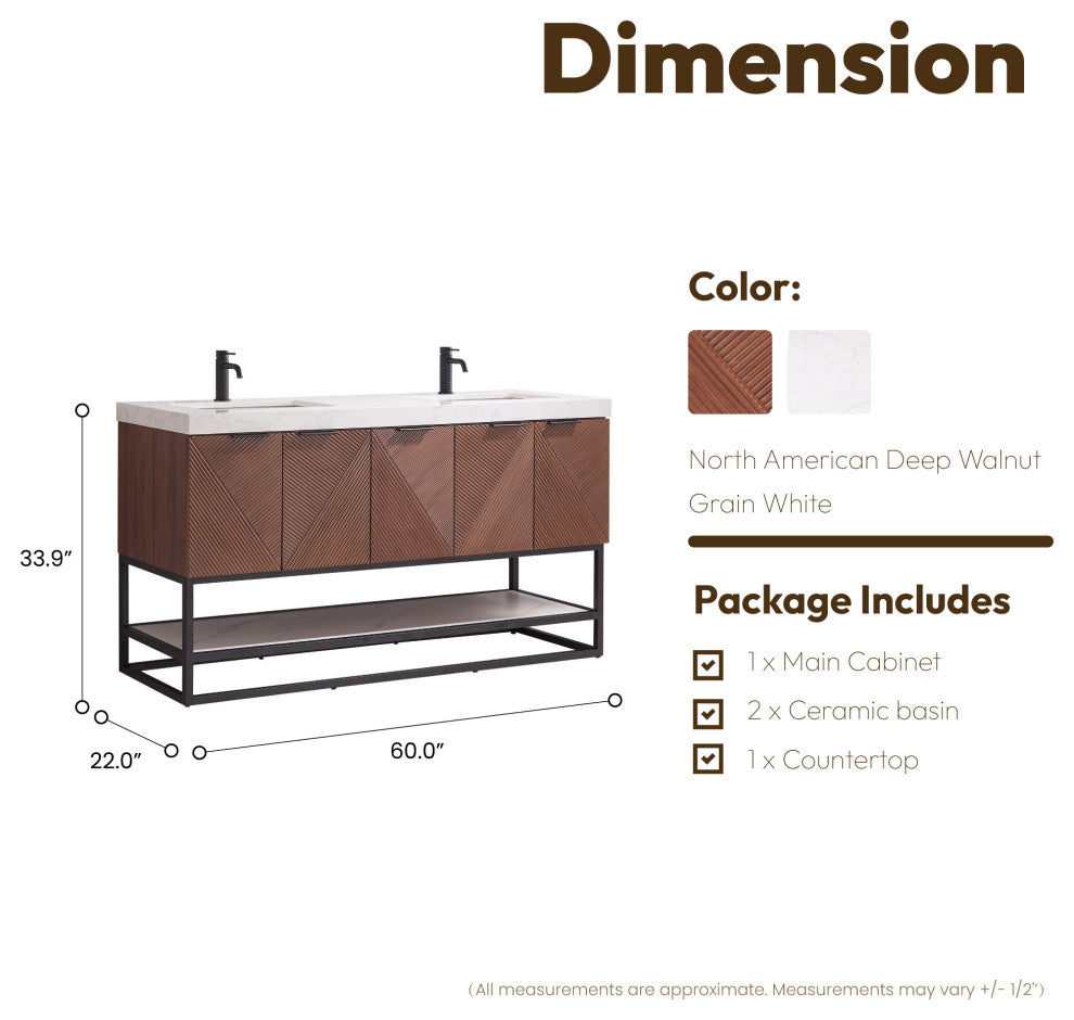 Mahon Bath Vanity, Stone Top, Matte Black Base, 60", Double Vanity, No Mirror