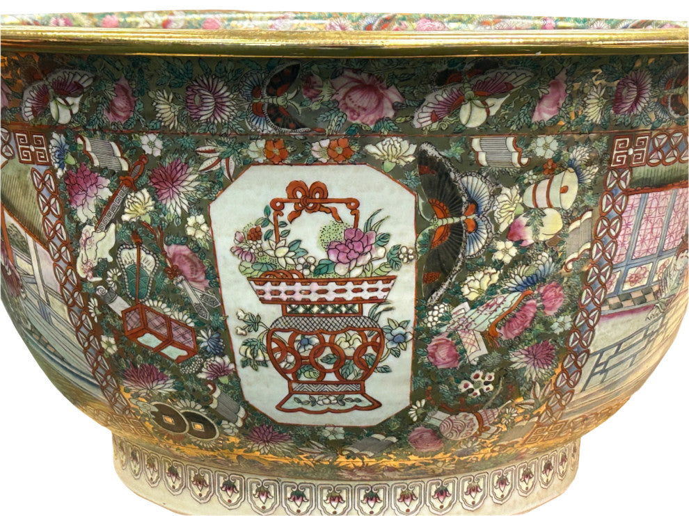 Vintage Chinese Famille Rose People House Graphic Porcelain Bowl Pot Hws4342