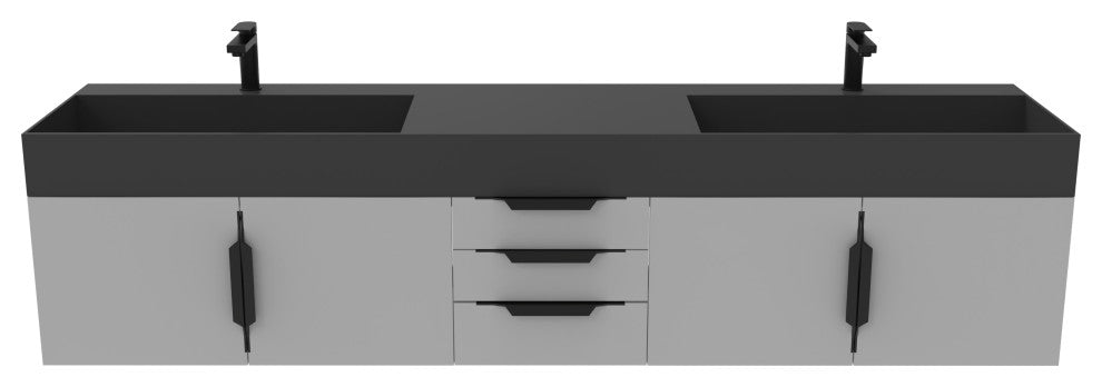CastelloUSA Amazon 84" Wall Mounted Bathroom Vanity Set, Gray, Black Top, Black Handles