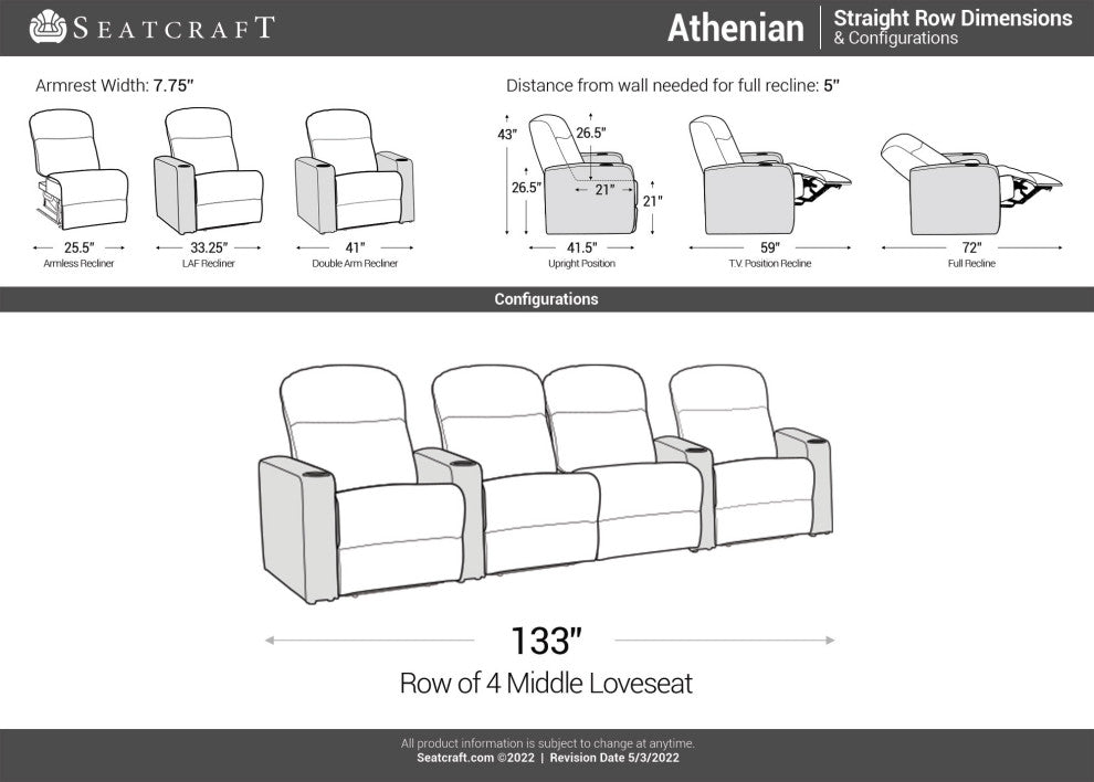 Seatcraft Athenian Home Theater Seating, Brown, Row of 4 With Loveseat