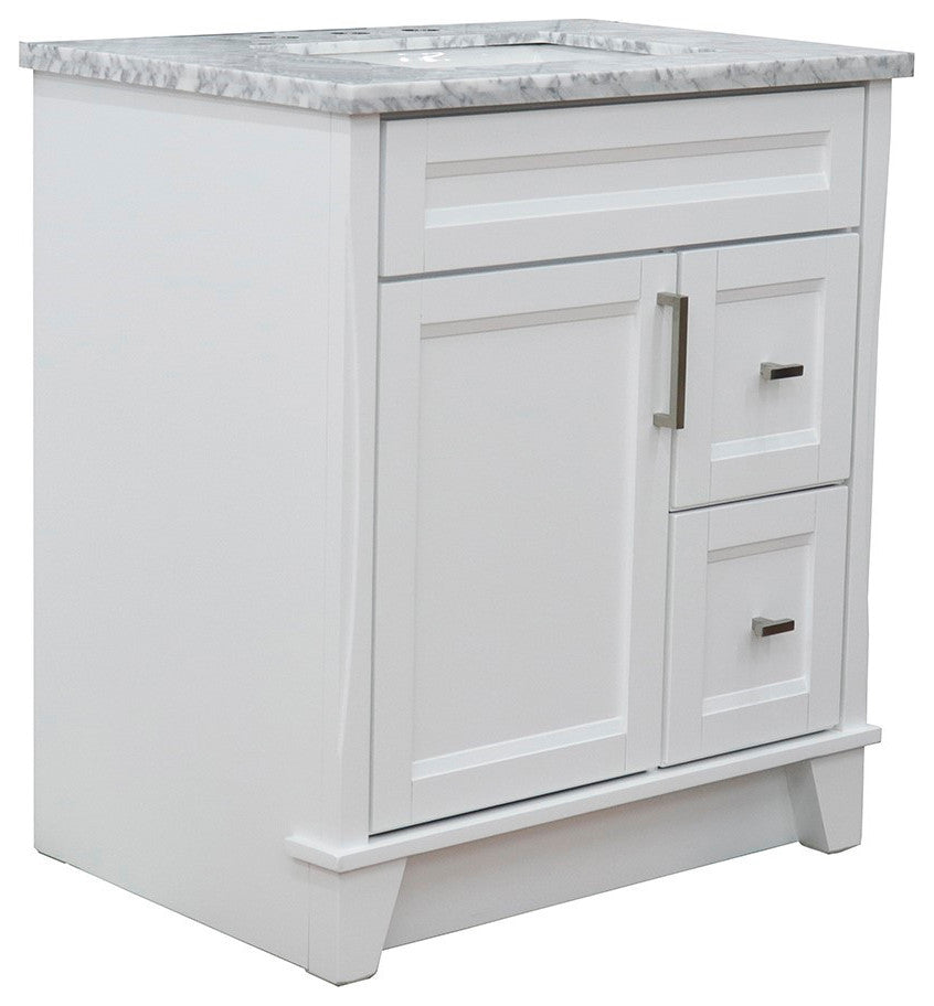 31" Single Sink Vanity, White Finish With White Carrara Marble