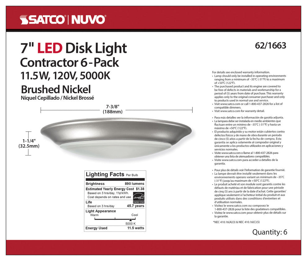 7 inch - LED Disk Light - 5000K - 6 Unit Contractor Pack - Brushed Nickel Finish