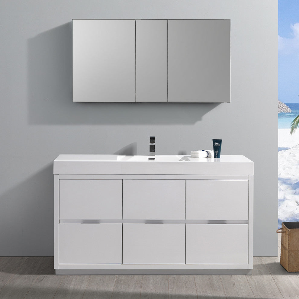 Valencia Free Standing Bathroom Vanity, Medicine Cabinet Glossy White 60"