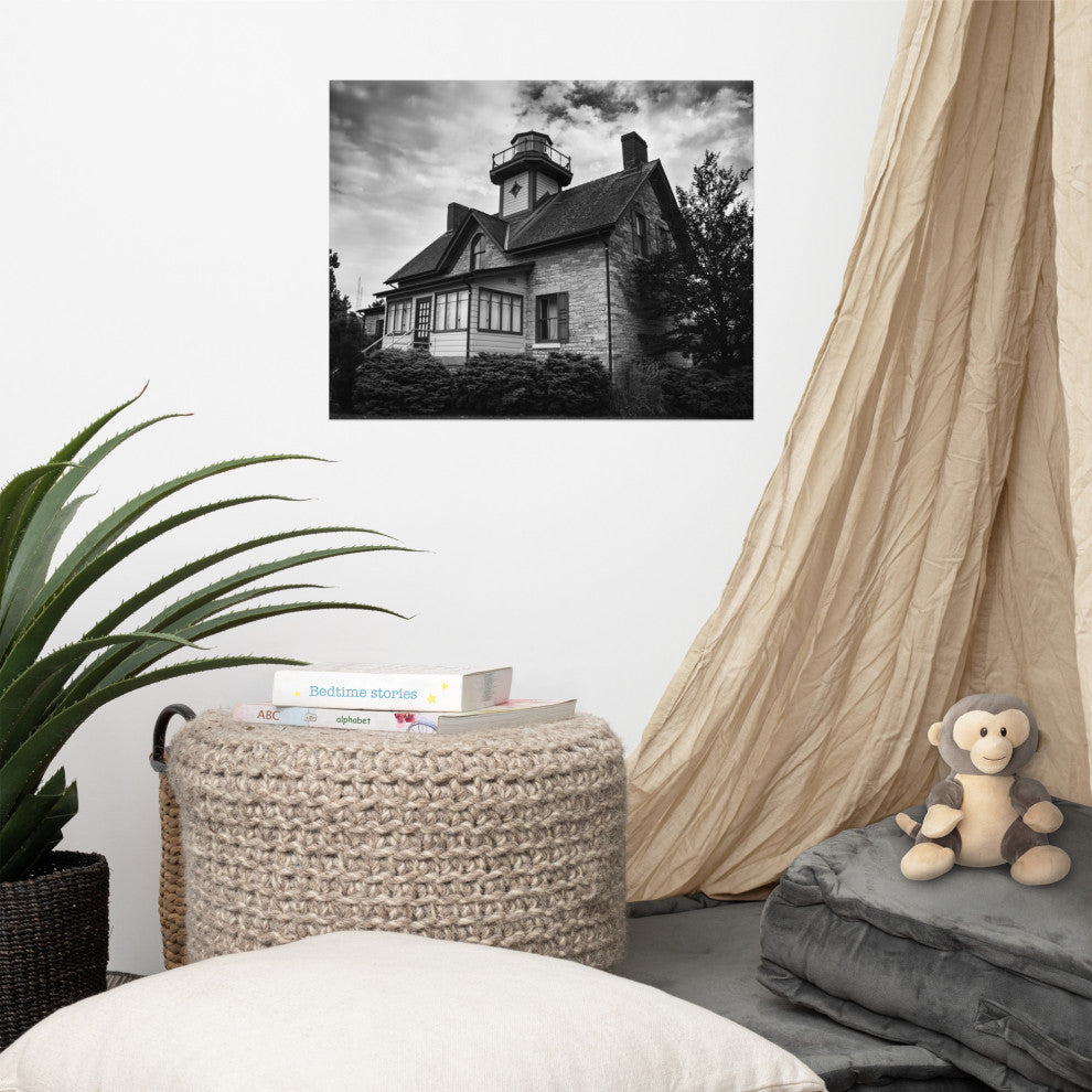 Cedar Point Lighthouse in Black and White Unframed Wall Art Prints, 16" X 20"