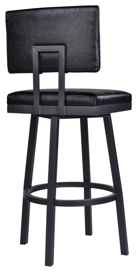 30" Vintage Black on Black Faux Leather Rectangular Swivel Armless Bar Stool