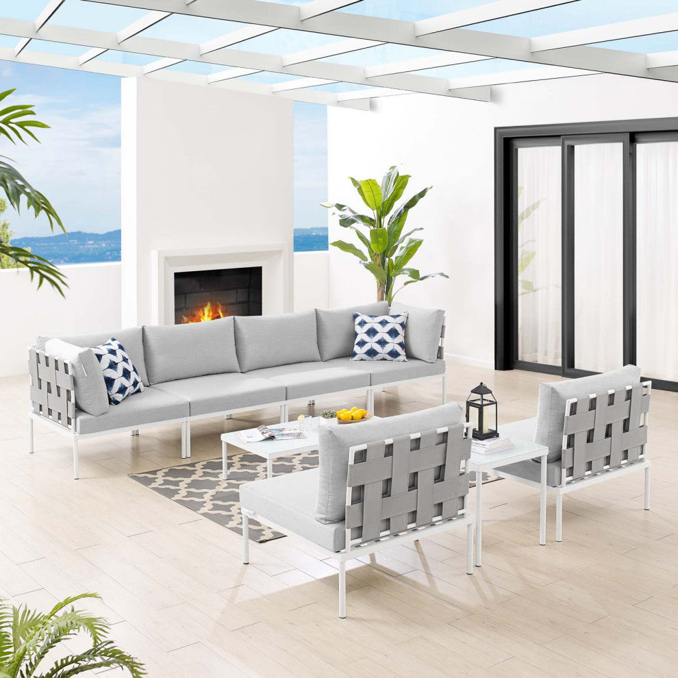 Lounge Sectional Sofa Chair Table Set, Sunbrella, Aluminum, Gray, Outdoor