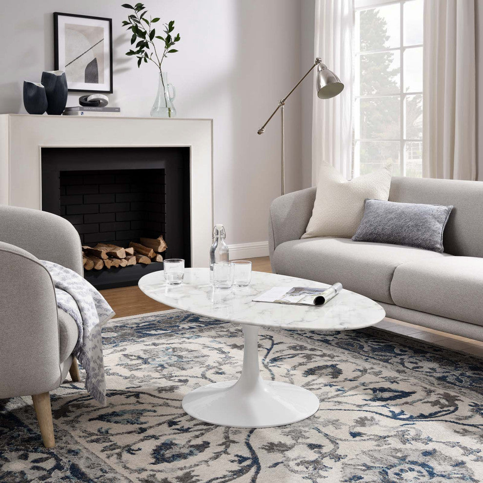 Modern White Tulip 48" Oval-Shaped Artificial Marble Coffee Table