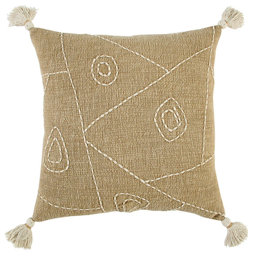 Khaki Cream Kantha Stitch Tasseled Throw Pillow