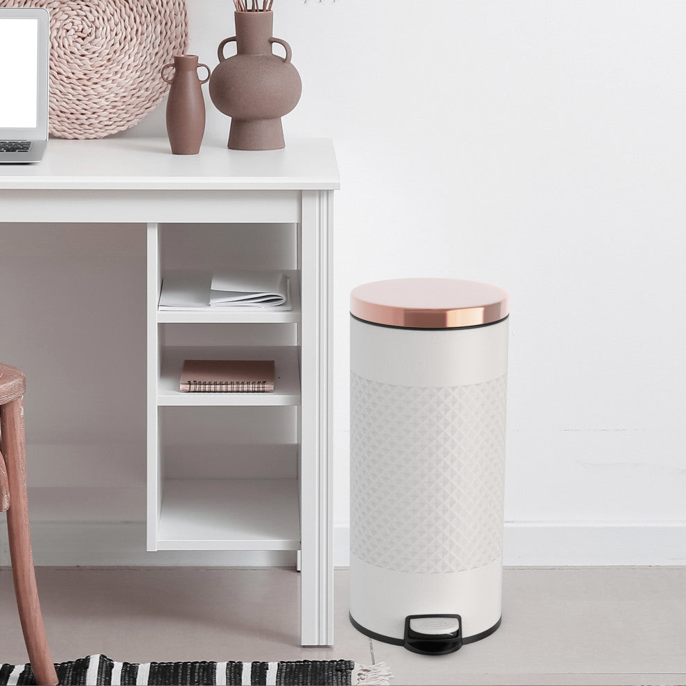 8 Gal White Metal Round Shape Step-on Trash Can with Diamond Body