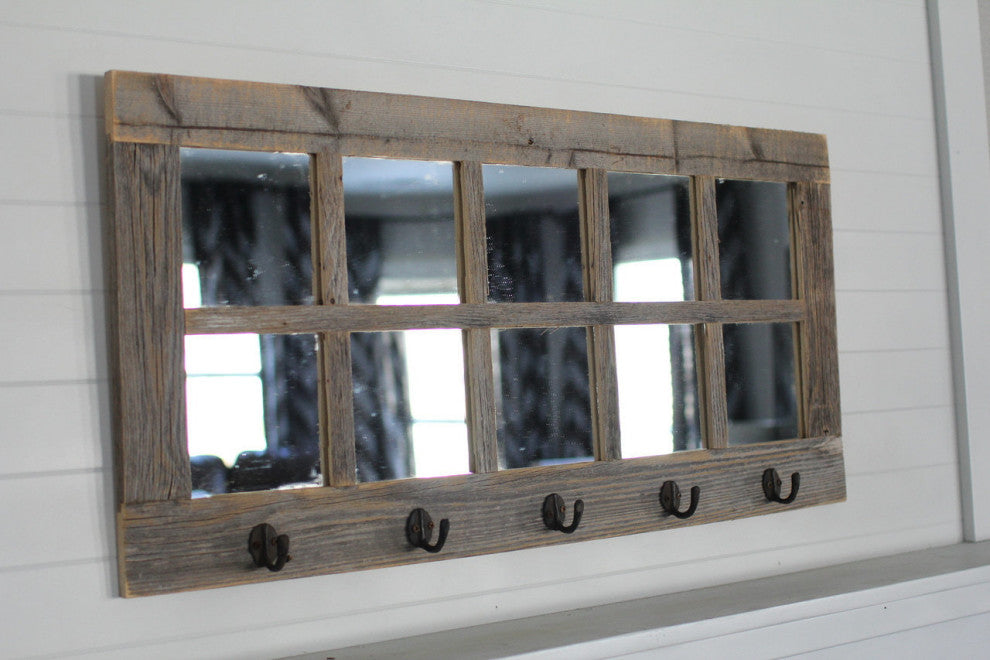 Windowpane Mirror With Coat Hangers, 10 Pane, Barnwood