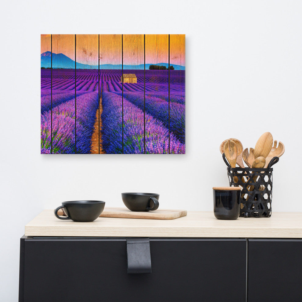 Faux Wood Lavender Fields and Sunset Landscape Canvas Prints, 16" X 20"