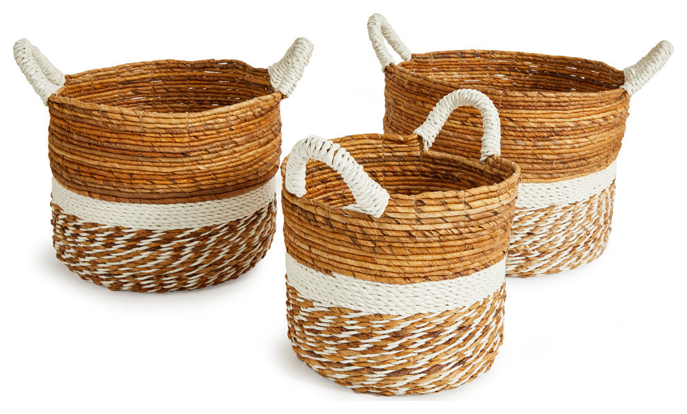 Set 3 Coastal Casual Natural Raffia Round White Stripe Tote Baskets Handle Large