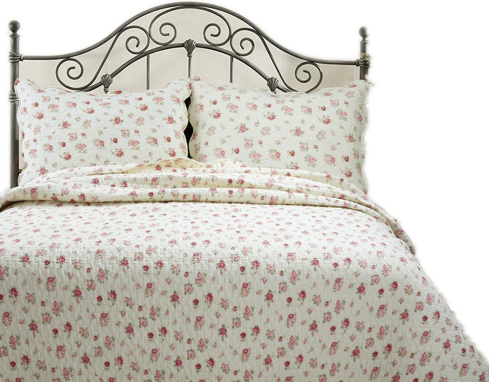Cottage Chic Antique Rose Reversible 100%Cotton 3-Piece Quilt Set, King Set