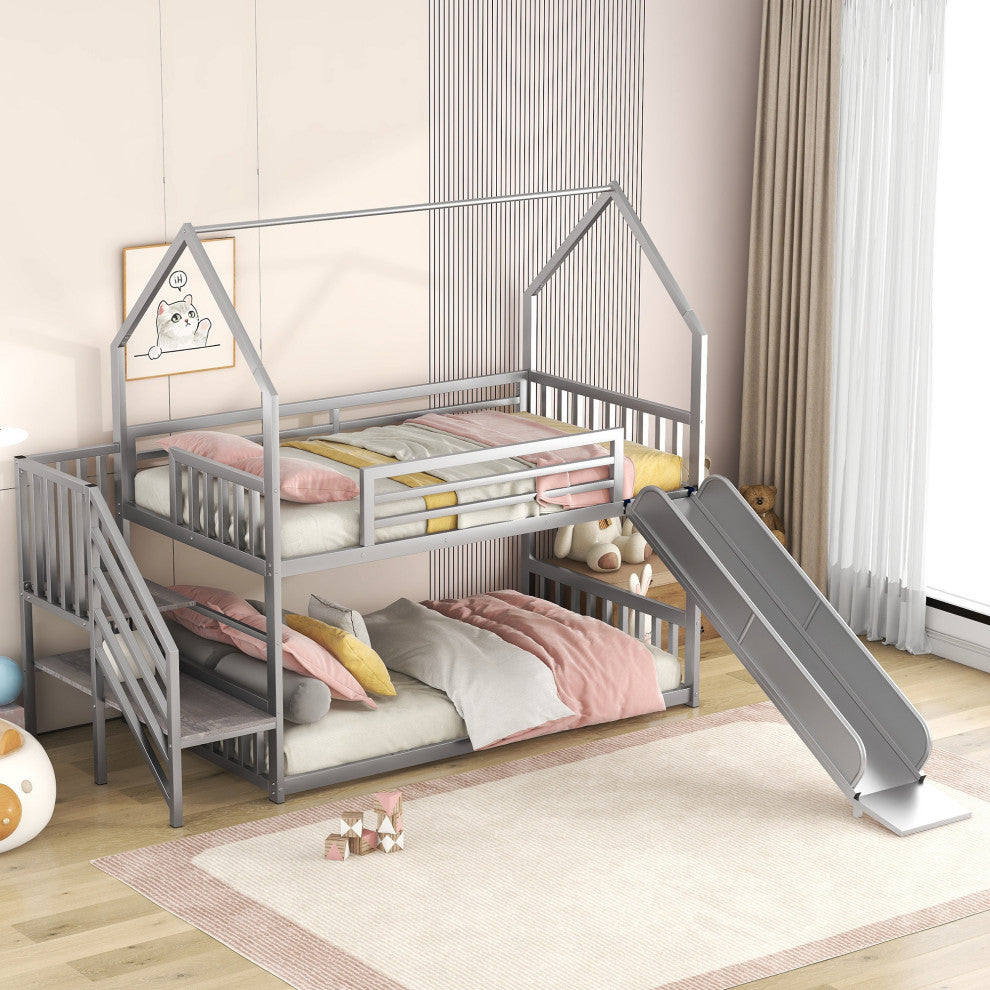 Gewnee Twin over Twin Metal Bunk Bed House Bed with Slide and Staircase