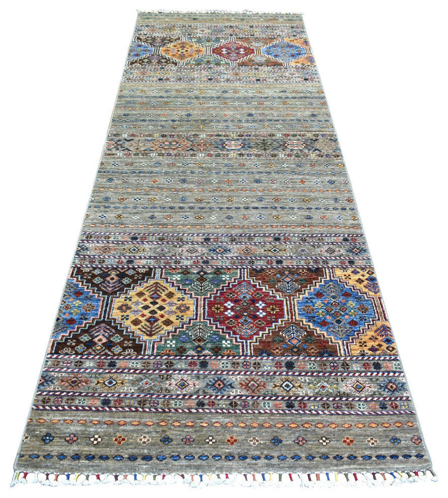 Taupe Gray Soft Wool, Hand Knotted Afghan Super Kazak, Runner Rug, 3'5"x10'0"