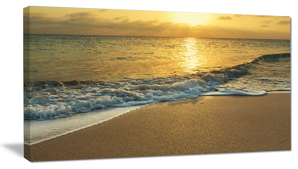 "White Waves Under Yellow Sunset" Modern Beach Canvas Art Print, 40"x20"