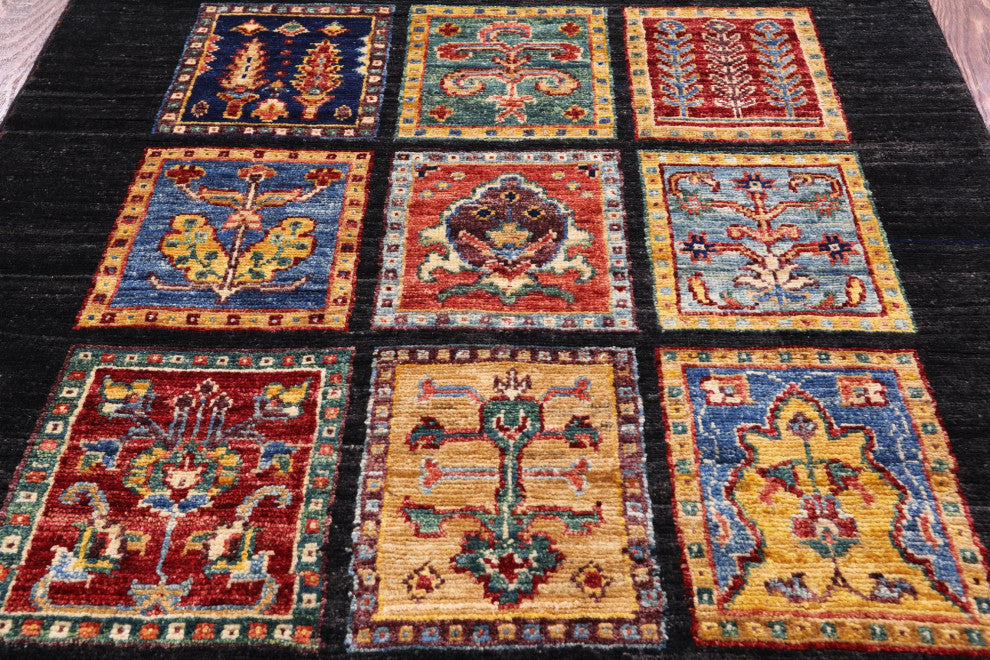 Persian Garden Design Black Handmade Wool Runner Rug 2' 8" X 7' 1" Q10692