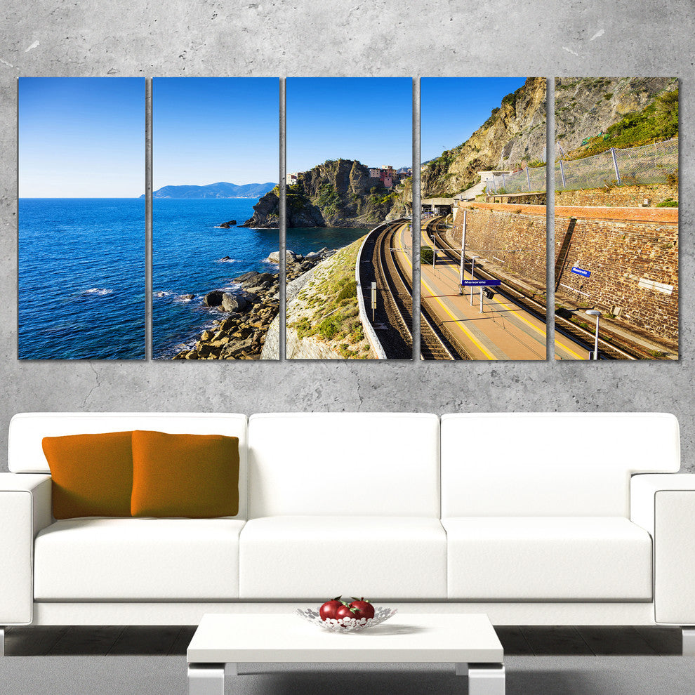 "Train And Railroad Station in Manarola" Landscape Wall Art, 5 Panels, 60"x28"