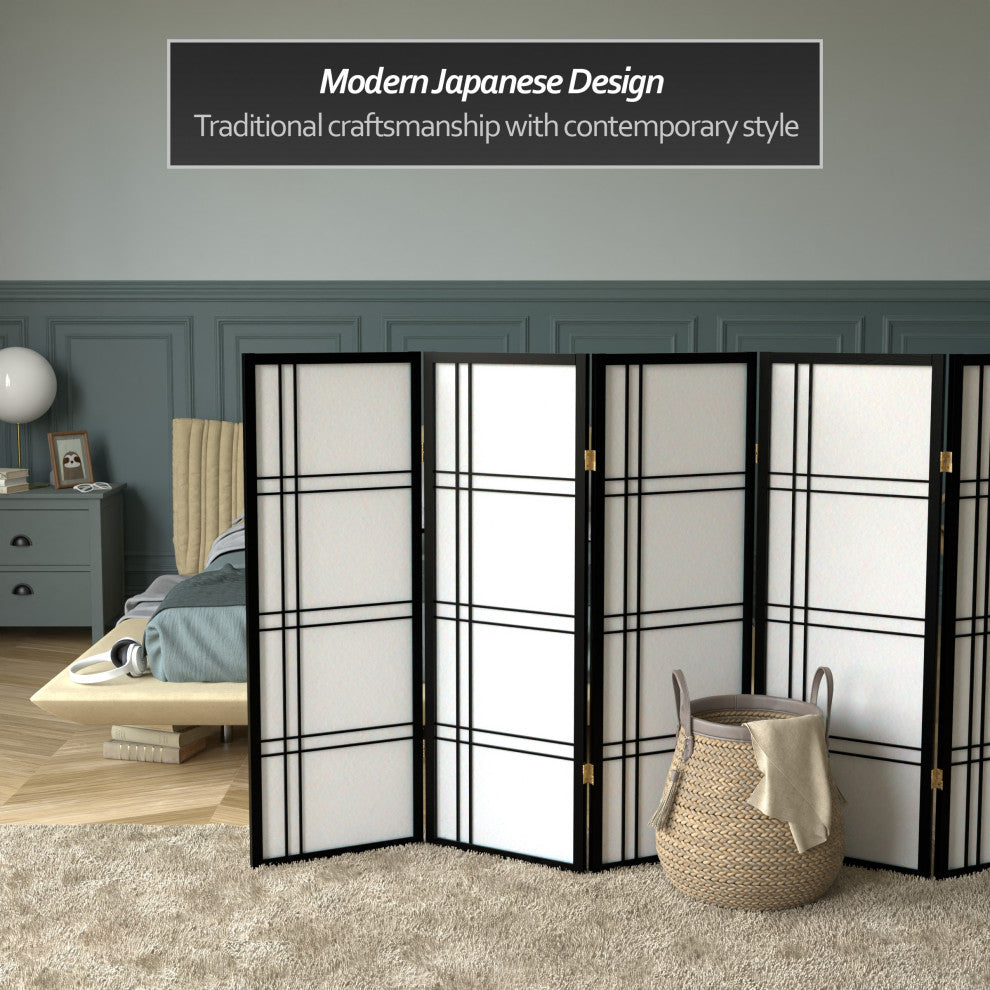 4' Tall Double Cross Shoji Screen, Black, 6 Panels