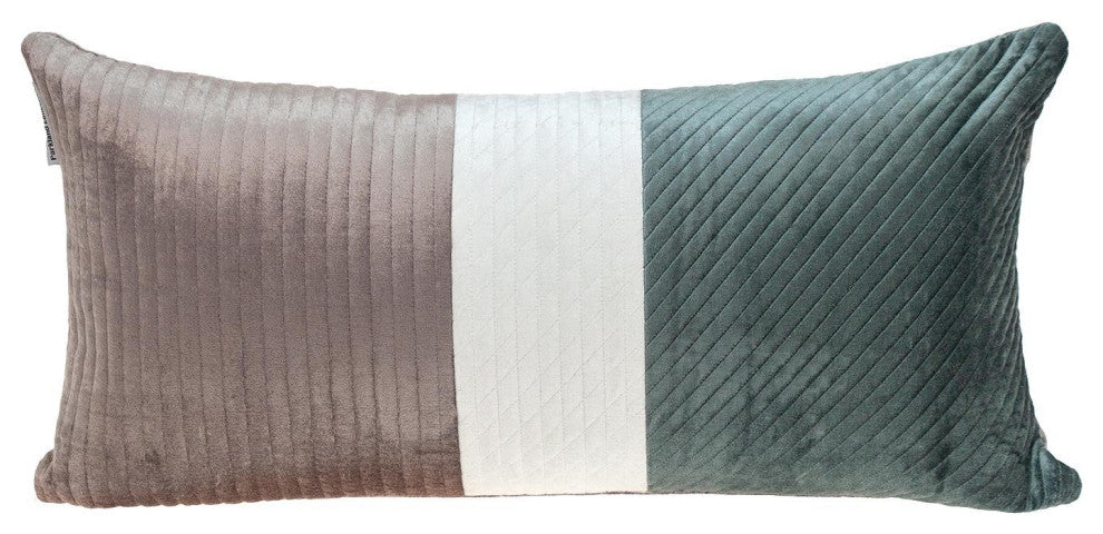 Taupe and Smokey Green Quilted Colorblock Velvet Lumbar Throw Pillow