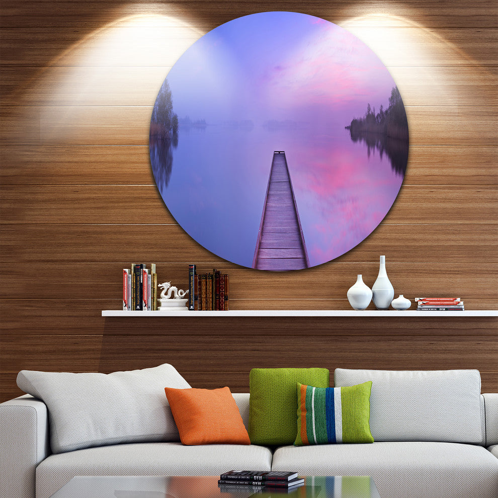 Jetty In A Dawn Lake, Wooden Sea Bridge Disc Metal Artwork, 36"