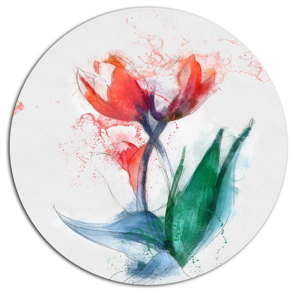 Red Hand-Drawn Tulips Sketch, Floral Round Wall Art, 23"