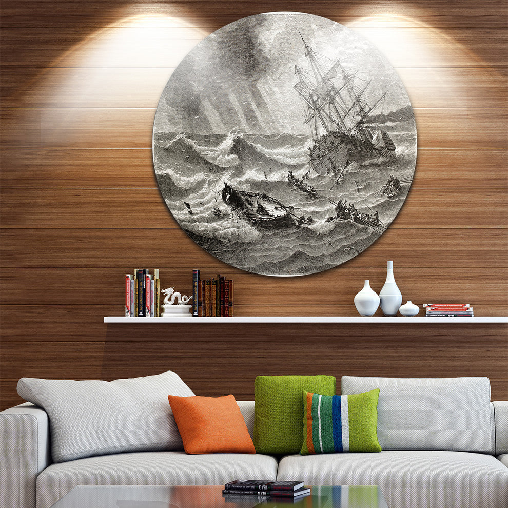 Vintage Shipwreck, Seascape Painting Round Wall Art, 23"