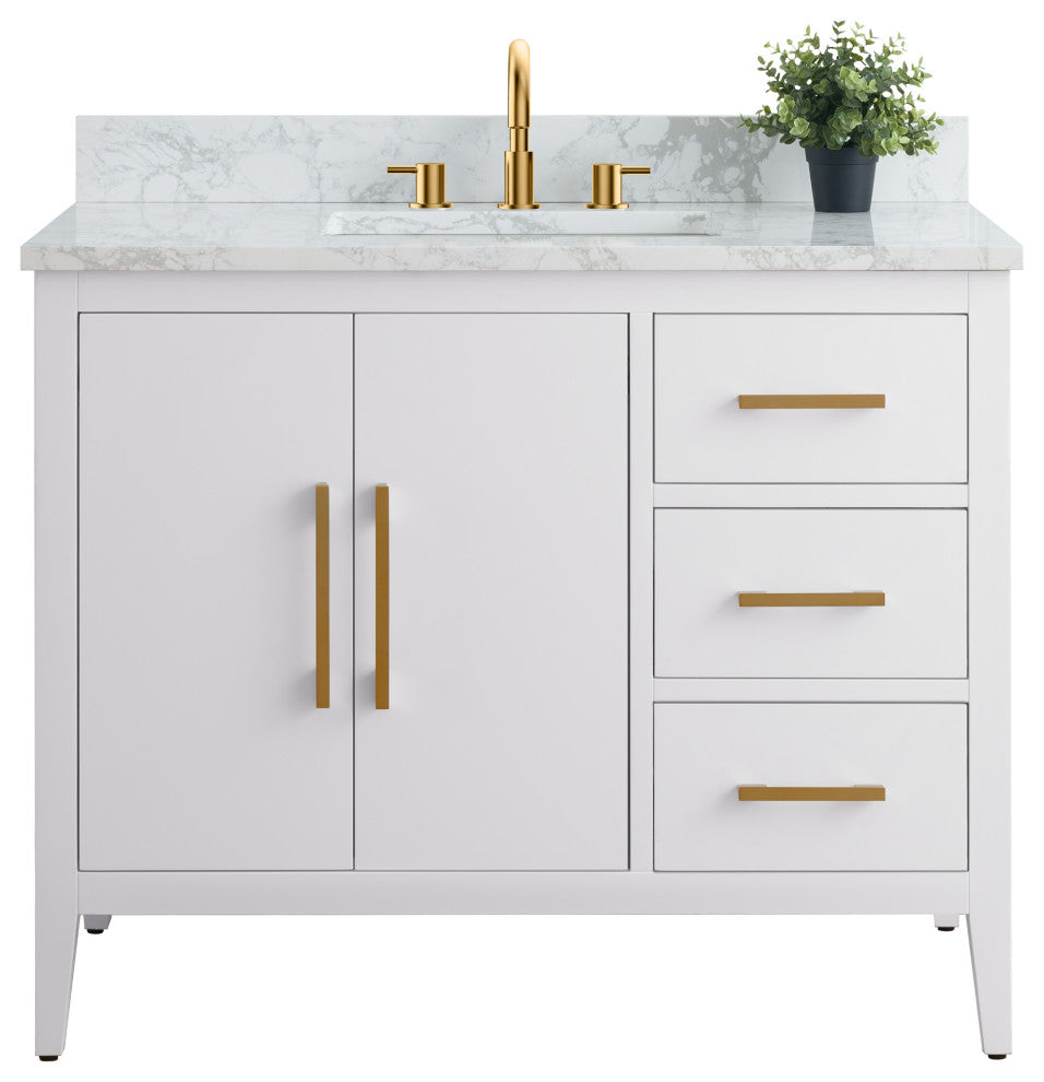Vanity Art Bathroom Vanity With Sink, White, 42", Single Sink, Golden Brushed