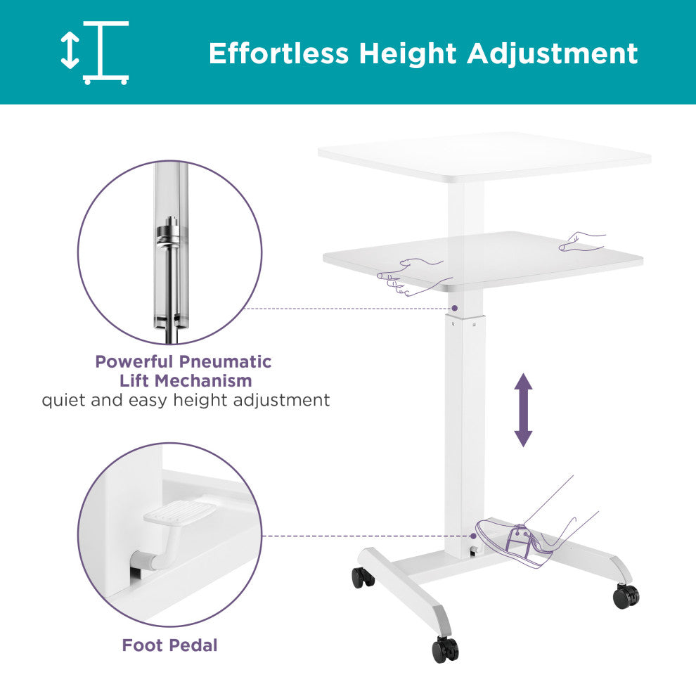 Mobile Pedal Controlled Height Adjustable Sit Stand Desk, Compact Size, White