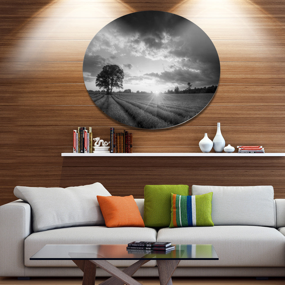 Vibrant Black White Lavender Field, Landscape Round Wall Art, 36"