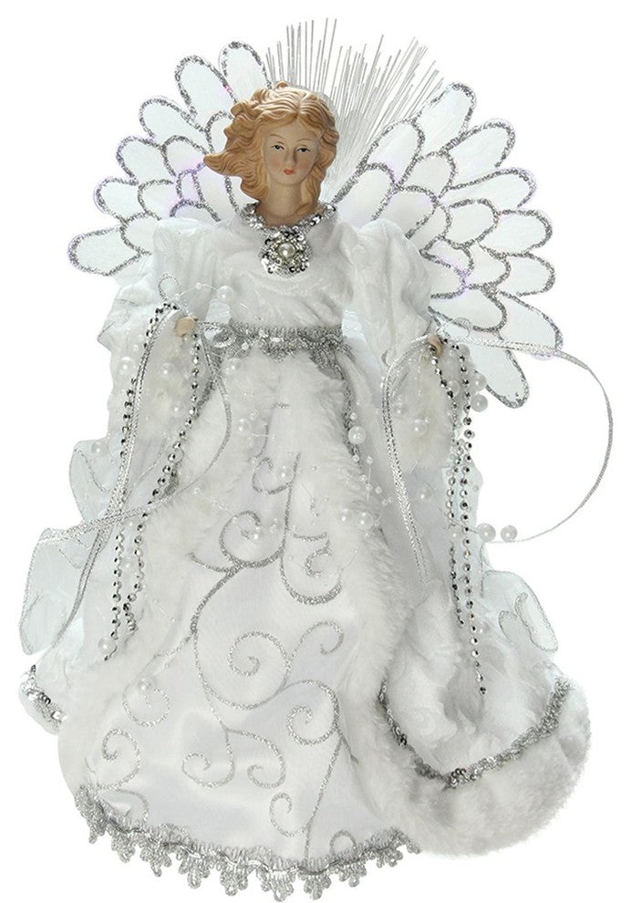 13" Lighted B/O Fiber Optic Angel with White Gown Christmas Tree Topper