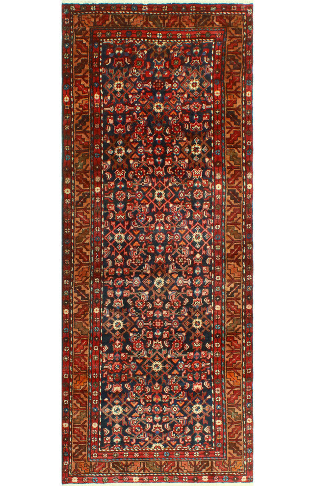 Fine Vintage Distressed Majeed Navy/Red Runner, 3'7 x 9'4