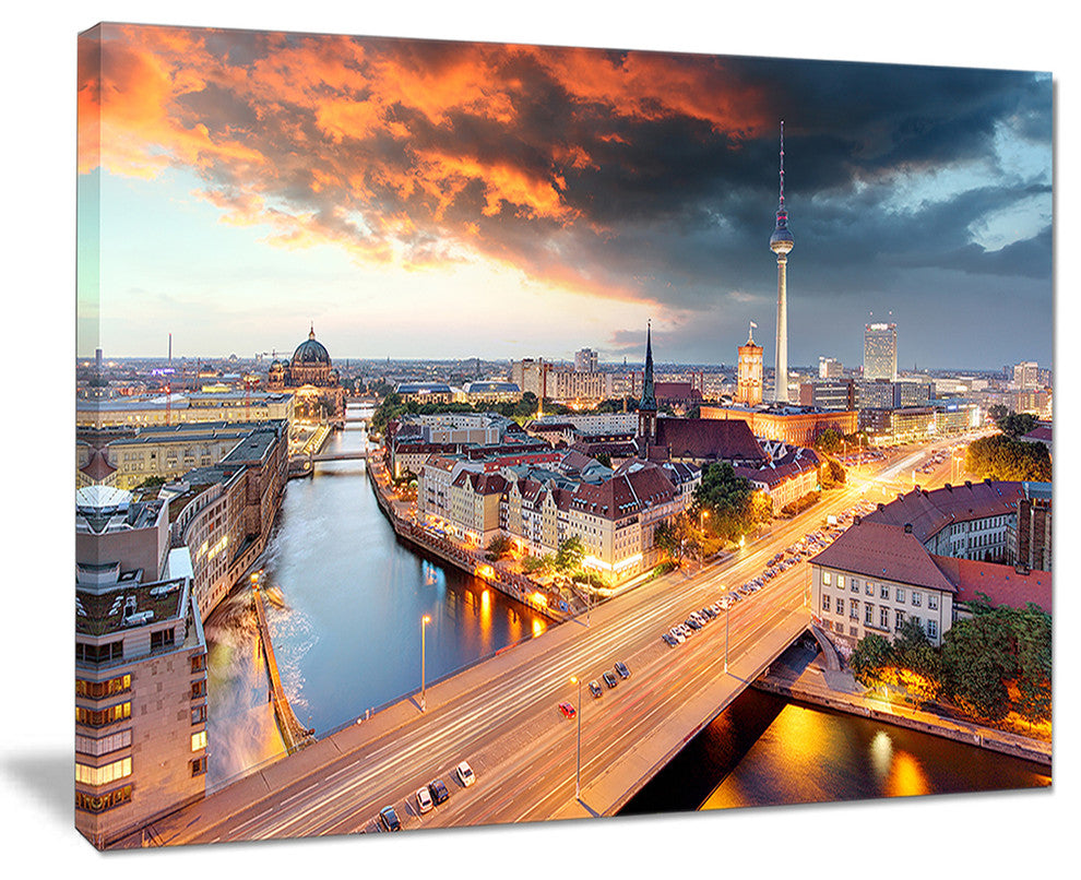 "Berlin At Dawn With Dramatic Sky" Cityscape Canvas print, 20"x12"