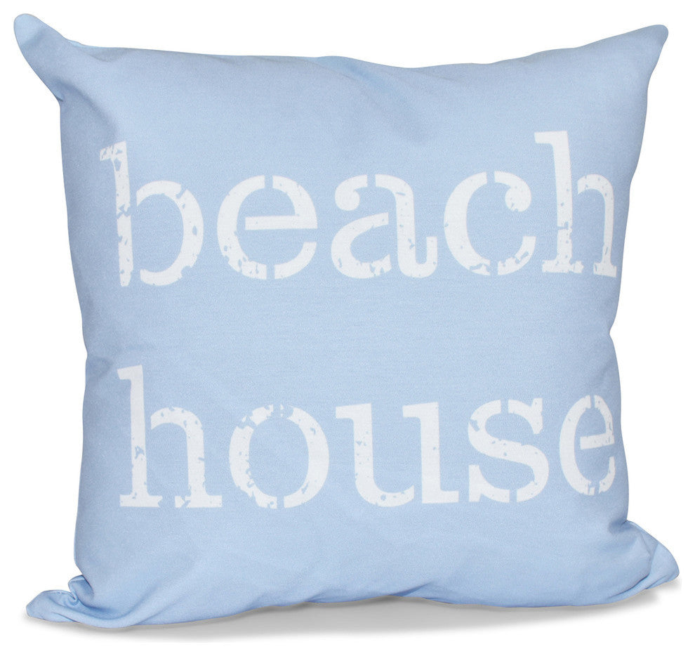 18"x18" Beach House, Word Print Pillow, Blue